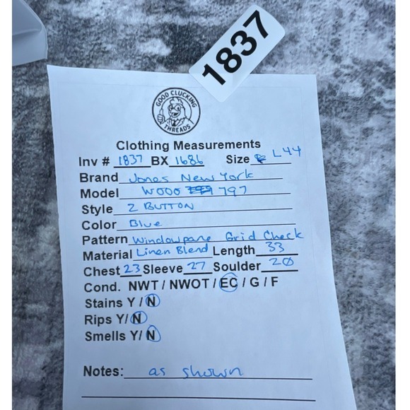 Jones New York Linen Blend Blazer Mens 44L Blue Windowpane Grid Check Sport Coat - Picture 3 of 10